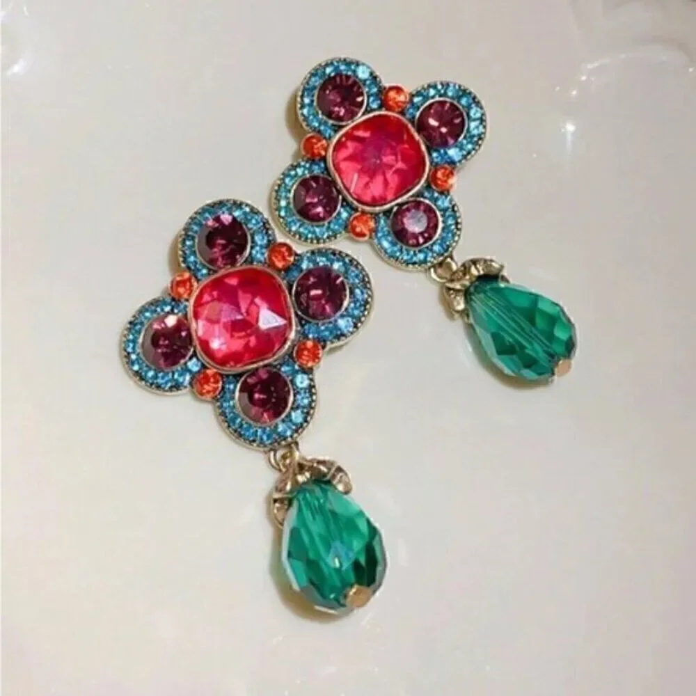 Medieval Modern Gold Plated Rhinestone Colorful Gemstone Earrings - Picture 3 of 3